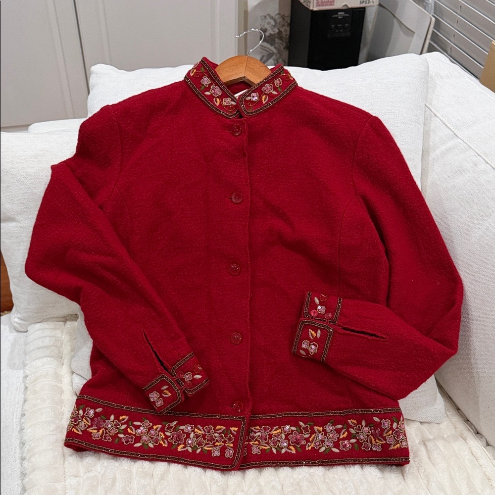 VTG Talbots Boiled Wool Embroidered Jacket Red Whimsygoth Grandmacore Coquette